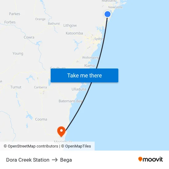 Dora Creek Station to Bega map