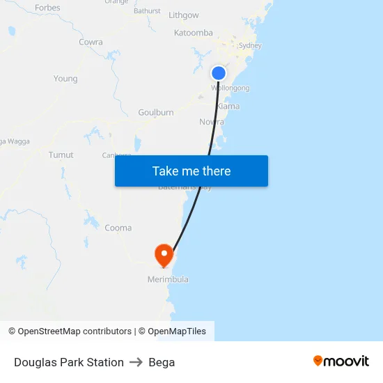 Douglas Park Station to Bega map