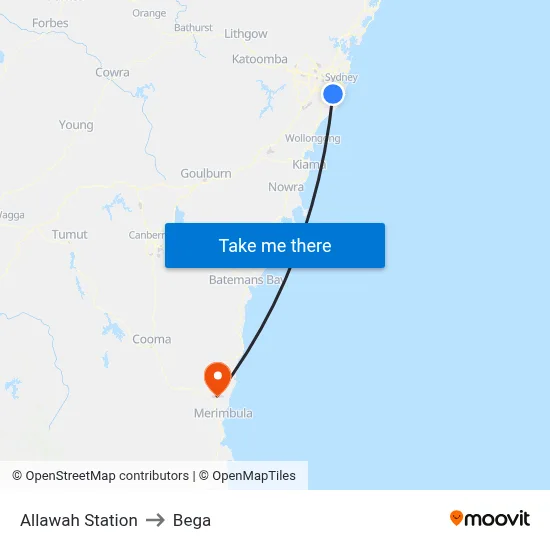 Allawah Station to Bega map