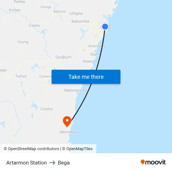 Artarmon Station to Bega map