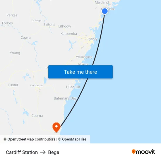Cardiff Station to Bega map