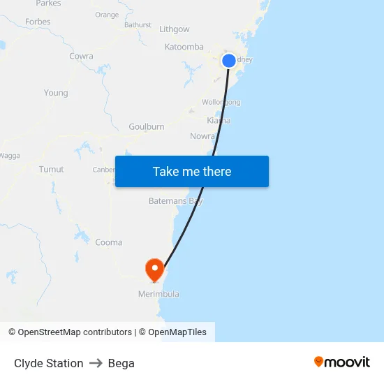 Clyde Station to Bega map