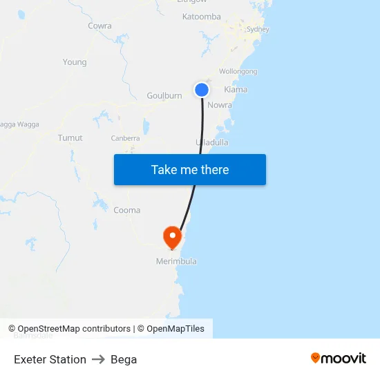 Exeter Station to Bega map