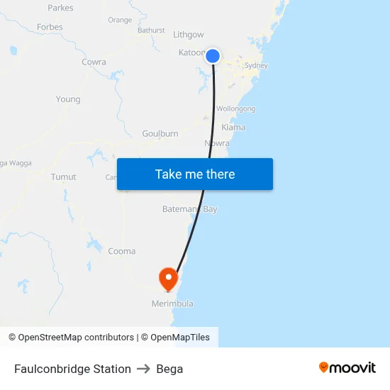 Faulconbridge Station to Bega map