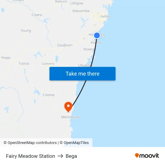 Fairy Meadow Station to Bega map