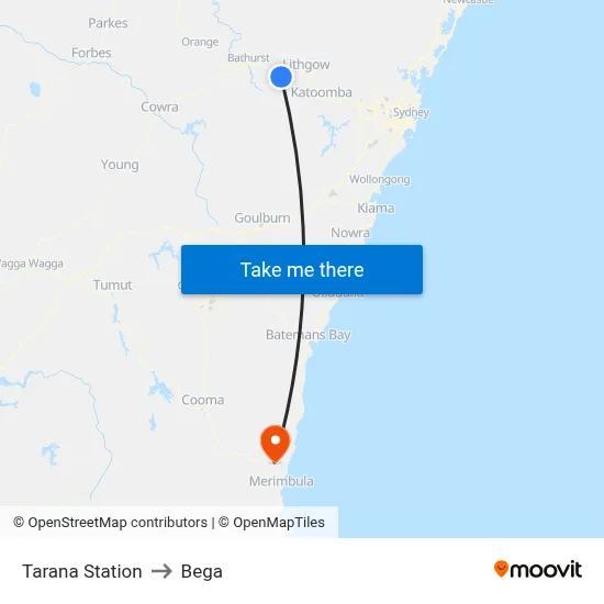 Tarana Station to Bega map
