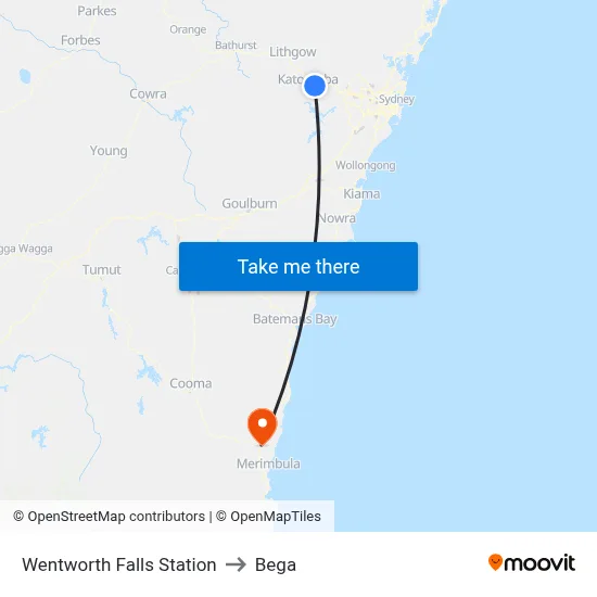Wentworth Falls Station to Bega map