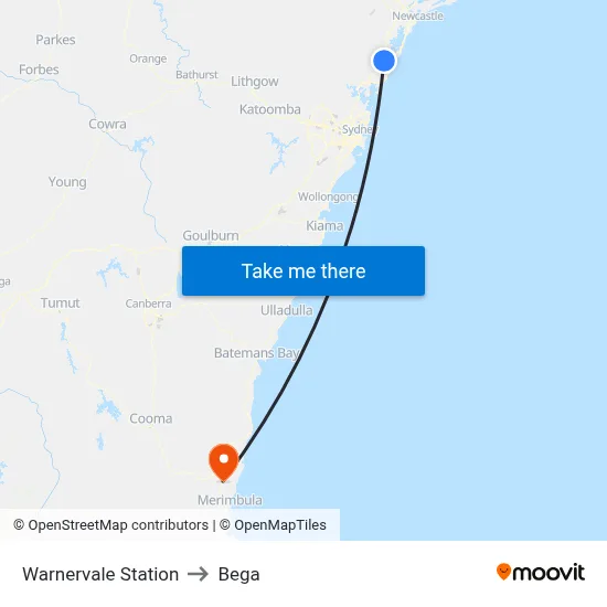 Warnervale Station to Bega map