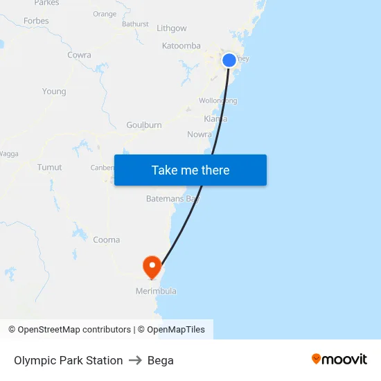 Olympic Park Station to Bega map