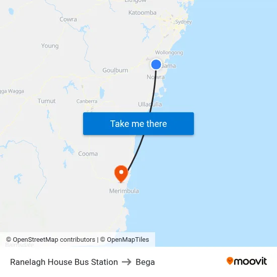 Ranelagh House Bus Station to Bega map