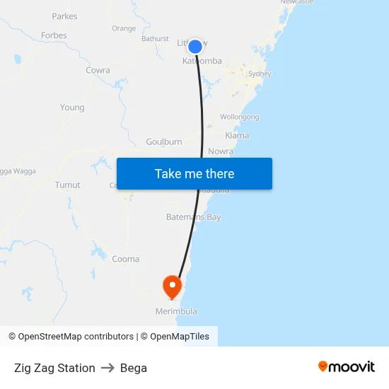 Zig Zag Station to Bega map