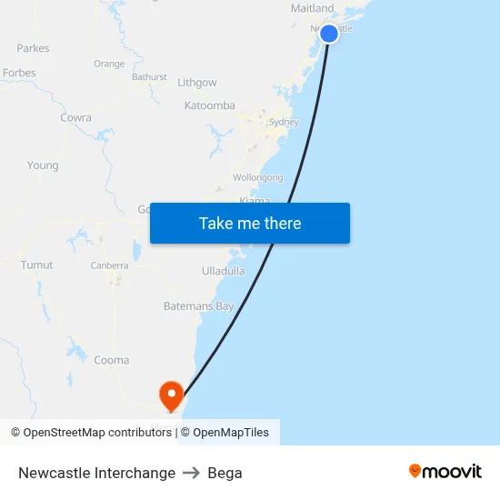 Newcastle Interchange to Bega map
