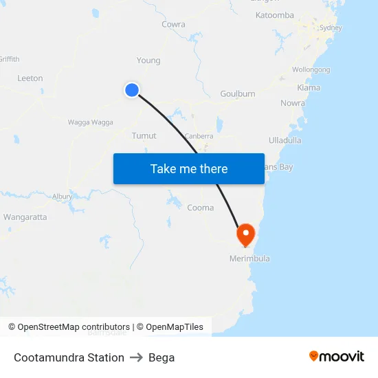 Cootamundra Station to Bega map