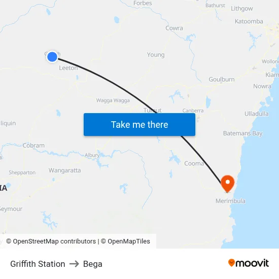 Griffith Station to Bega map