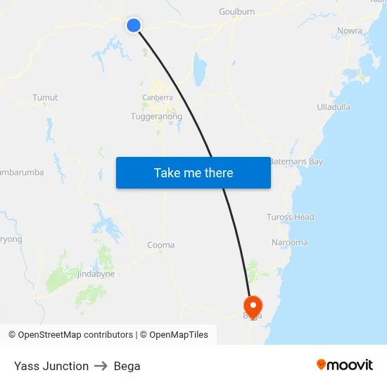 Yass Junction to Bega map