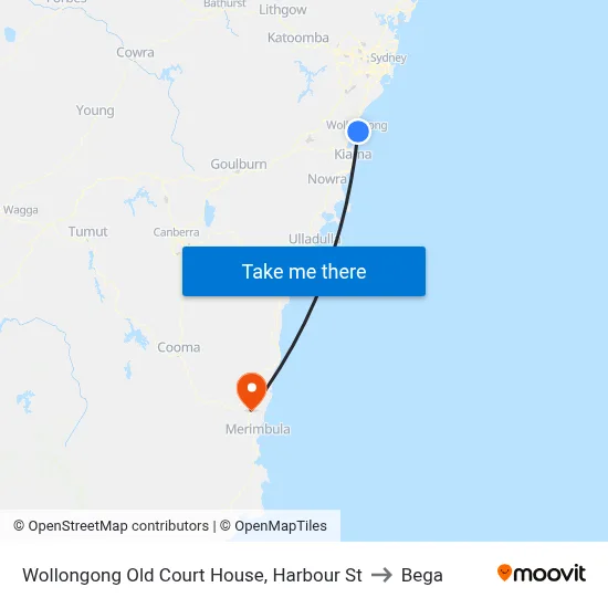 Wollongong Old Court House, Harbour St to Bega map