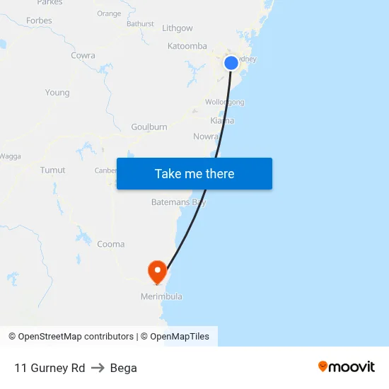 11 Gurney Rd to Bega map