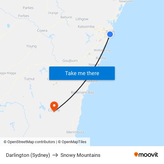 Darlington (Sydney) to Snowy Mountains map