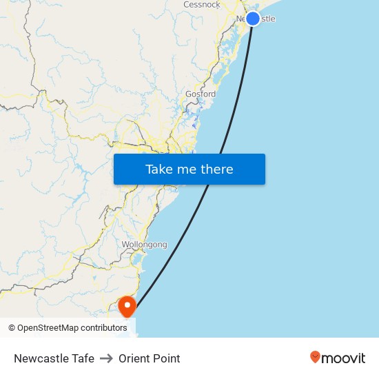 Newcastle Tafe to Orient Point map