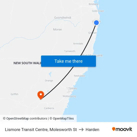 Lismore Transit Centre, Molesworth St to Harden map