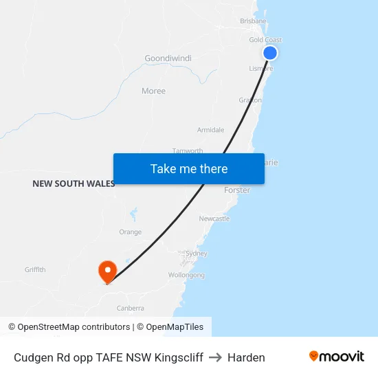 Cudgen Rd opp TAFE NSW Kingscliff to Harden map