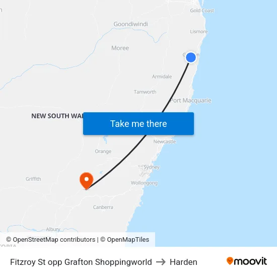 Fitzroy St opp Grafton Shoppingworld to Harden map