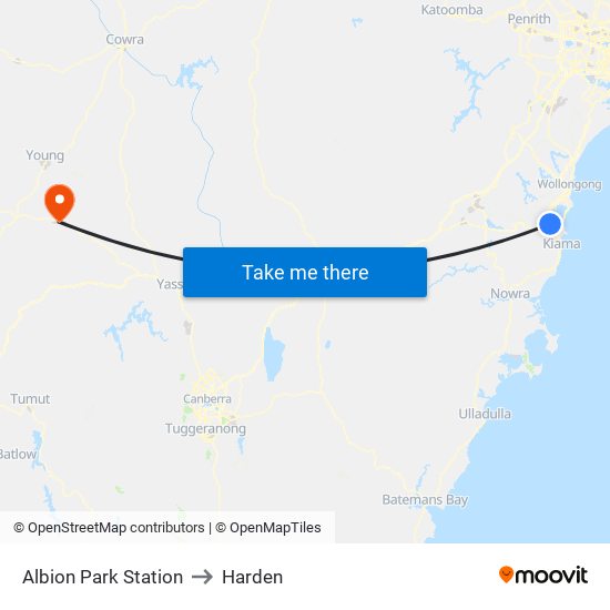 Albion Park Station to Harden map