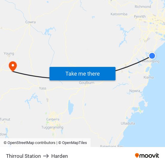 Thirroul Station to Harden map