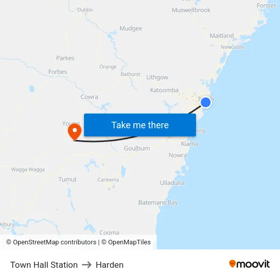 Town Hall Station to Harden map