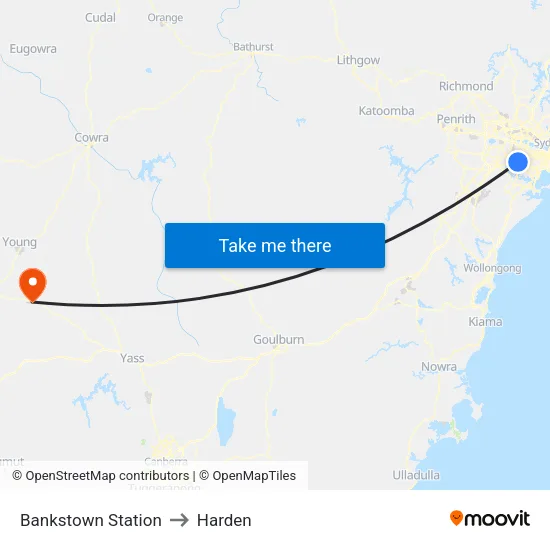 Bankstown Station to Harden map