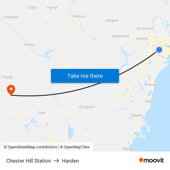 Chester Hill Station to Harden map