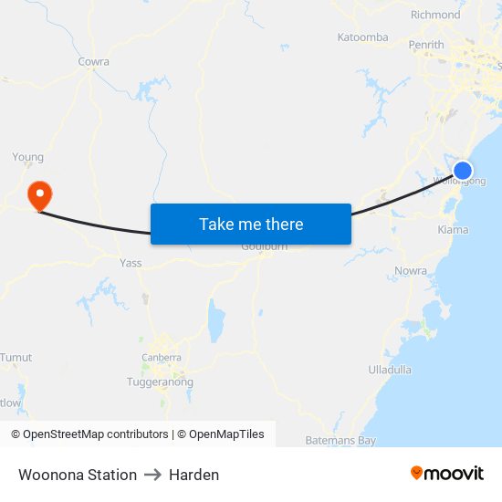 Woonona Station to Harden map