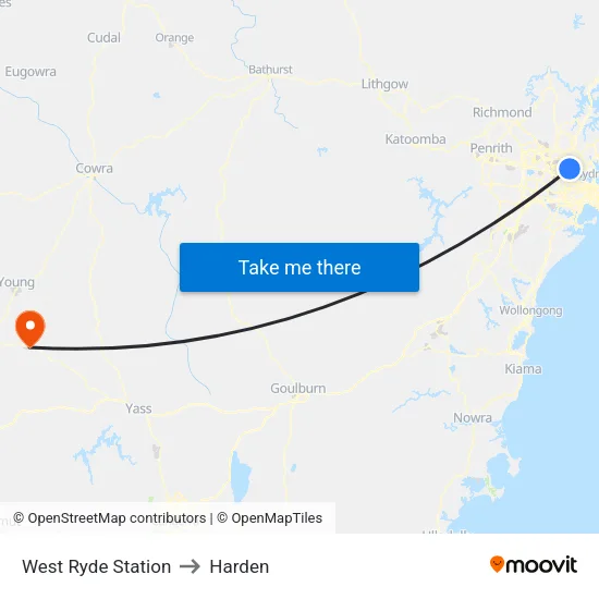 West Ryde Station to Harden map