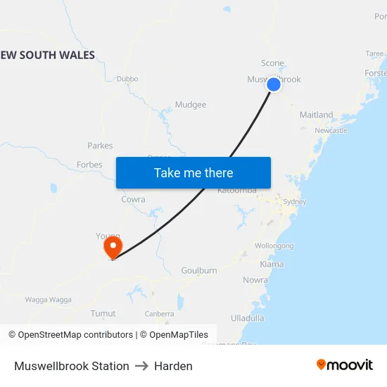 Muswellbrook Station to Harden map