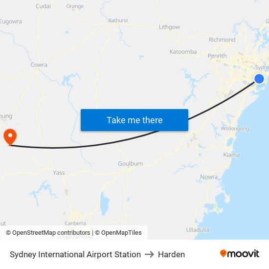 Sydney International Airport Station to Harden map