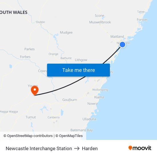 Newcastle Interchange Station to Harden map
