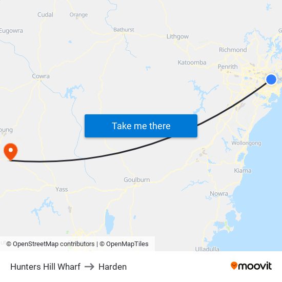 Hunters Hill Wharf to Harden map