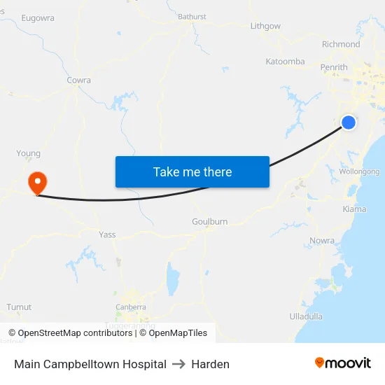 Main Campbelltown Hospital to Harden map