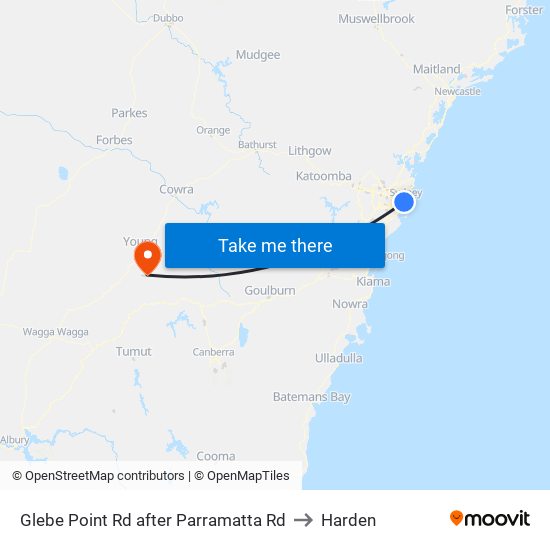 Glebe Point Rd after Parramatta Rd to Harden map