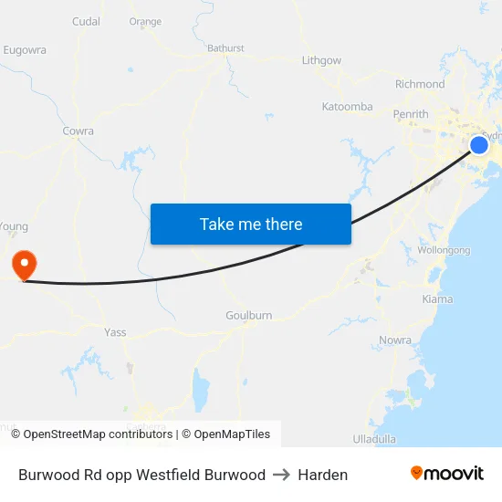 Burwood Rd opp Westfield Burwood to Harden map