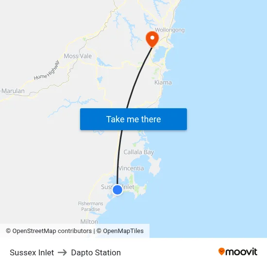 Sussex Inlet to Dapto Station map