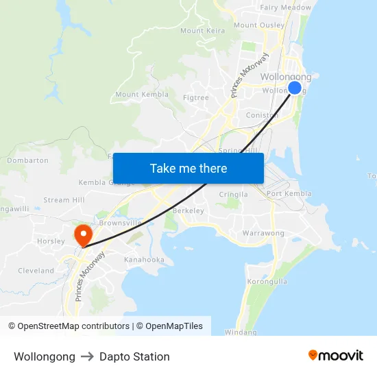 Wollongong to Dapto Station map