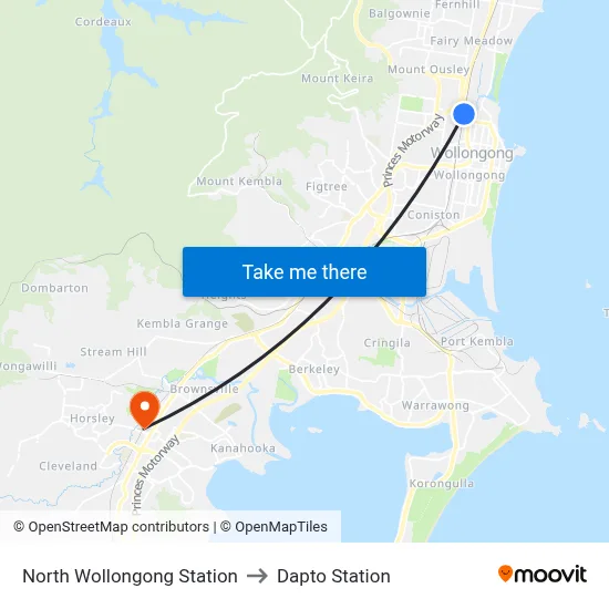 North Wollongong Station to Dapto Station map