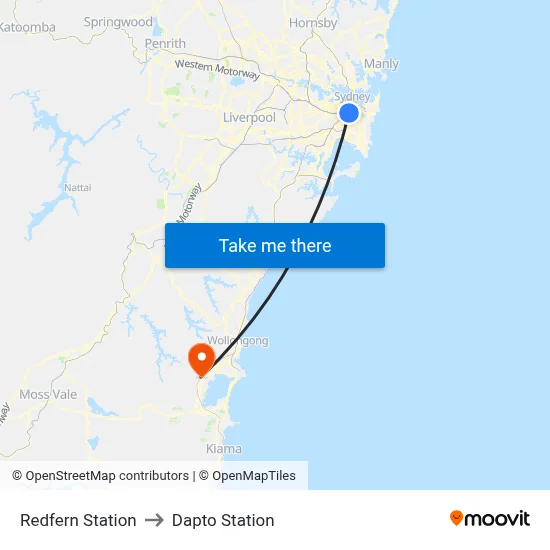 Redfern Station to Dapto Station map