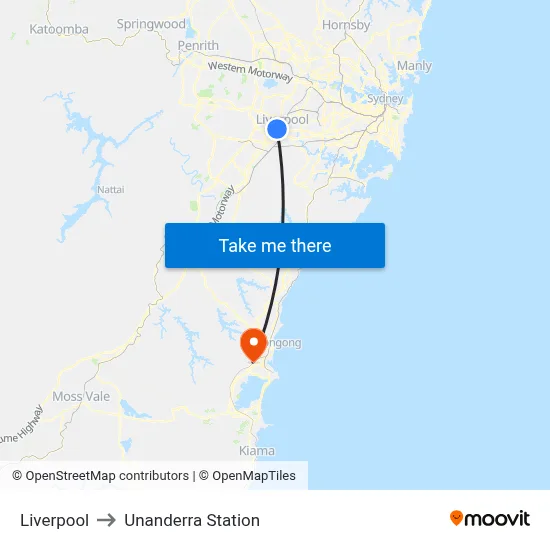 Liverpool to Unanderra Station map