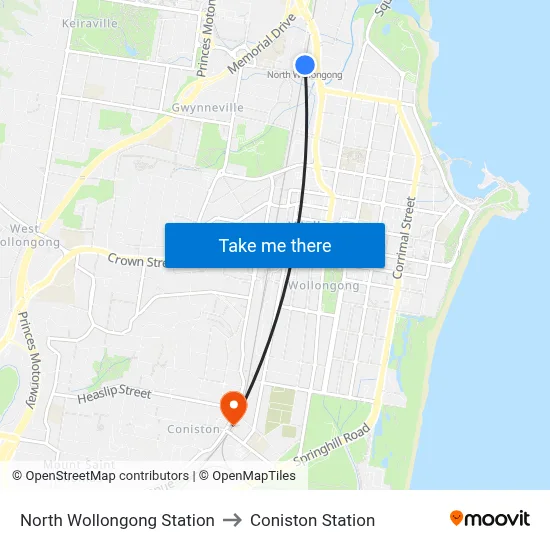 North Wollongong Station to Coniston Station map