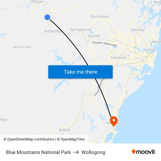 Blue Mountains National Park to Wollogong map