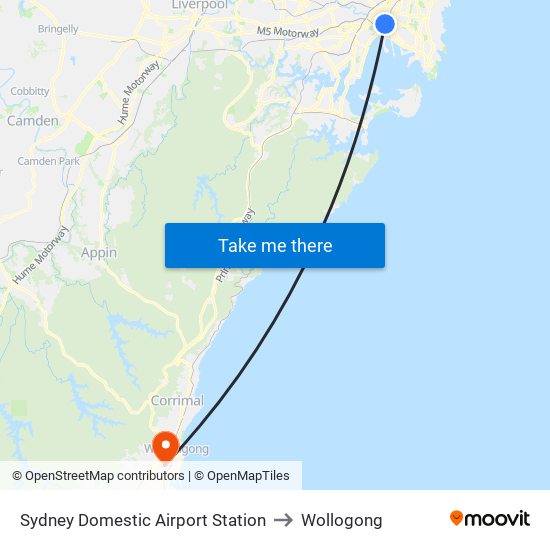 Sydney Domestic Airport Station to Wollogong map