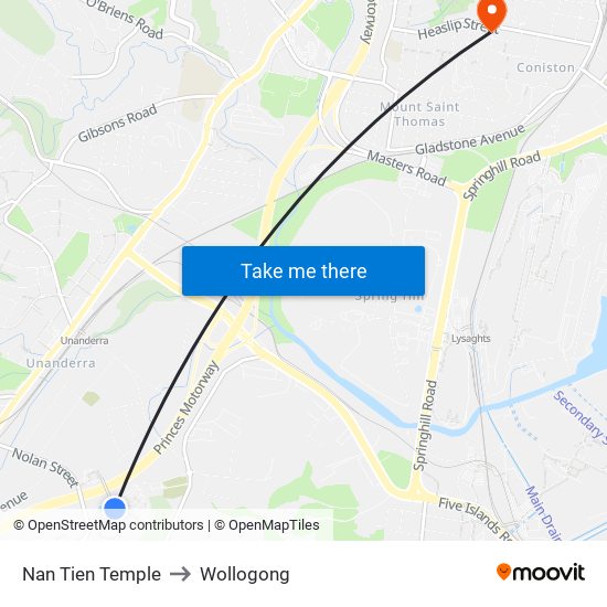 Nan Tien Temple to Wollogong map