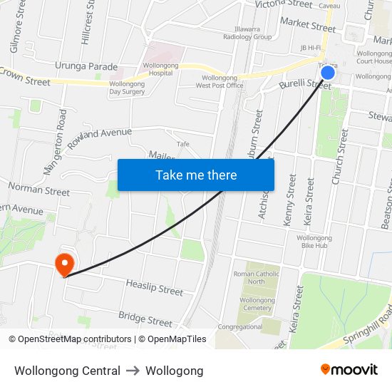 Wollongong Central to Wollogong map